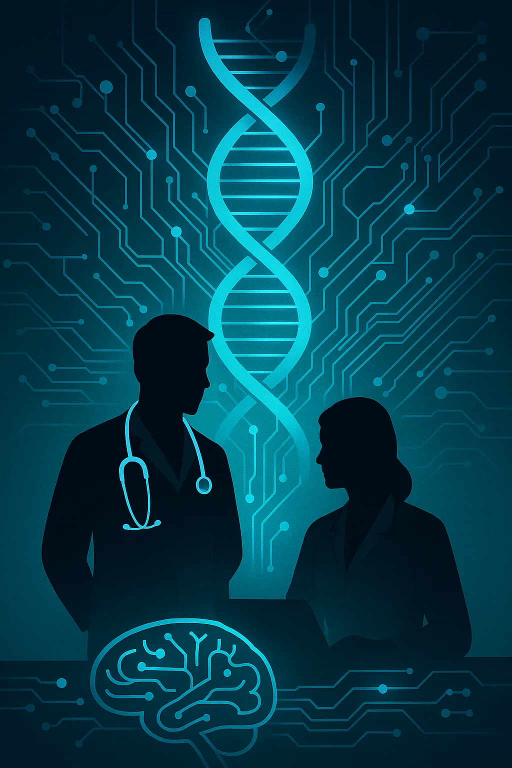 Doctors and DNA with circuits representing personalised treatment