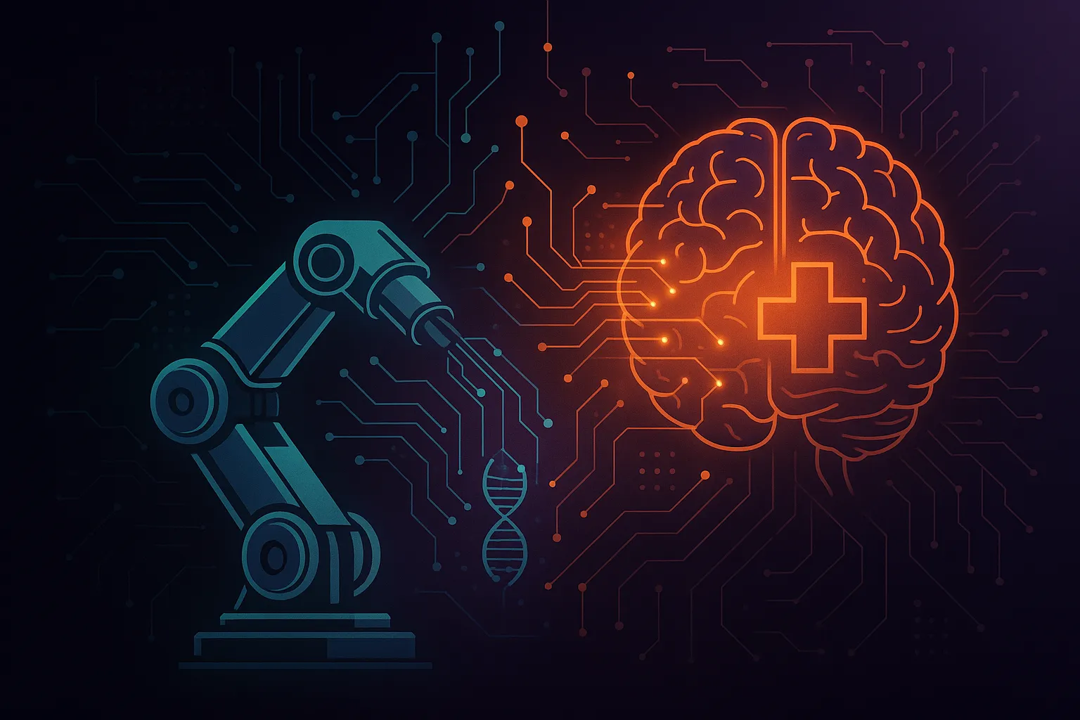 Robot arm and brain representing brain‑computer interfaces